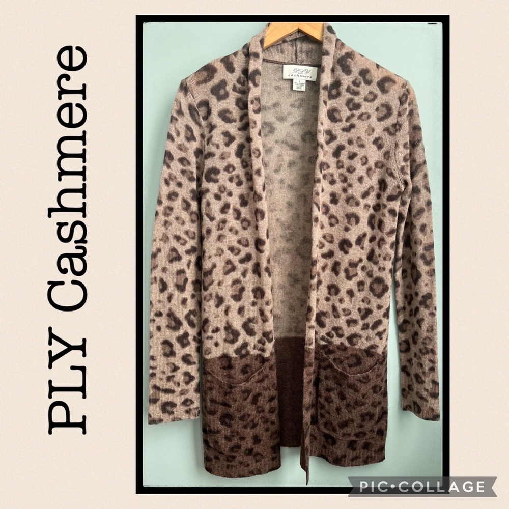 PLY Cashmere Animal Print Open Front Cardigan Size S